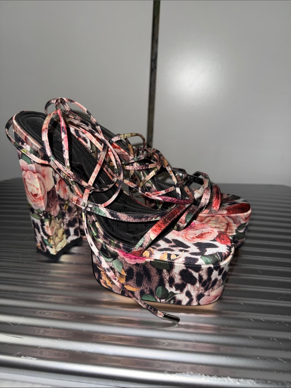 Platform Lace-Up Heels in Pink Floral Leopard Print